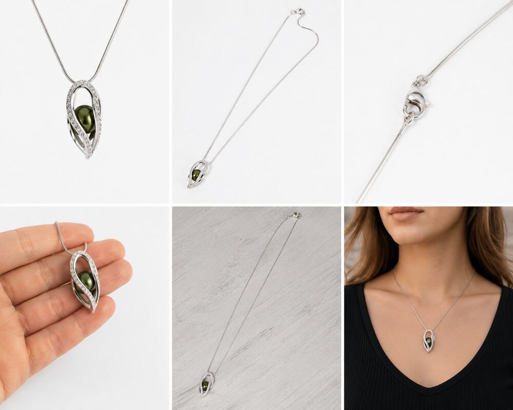 Elegant Silver-Tone Green Crystal Pendant Necklace